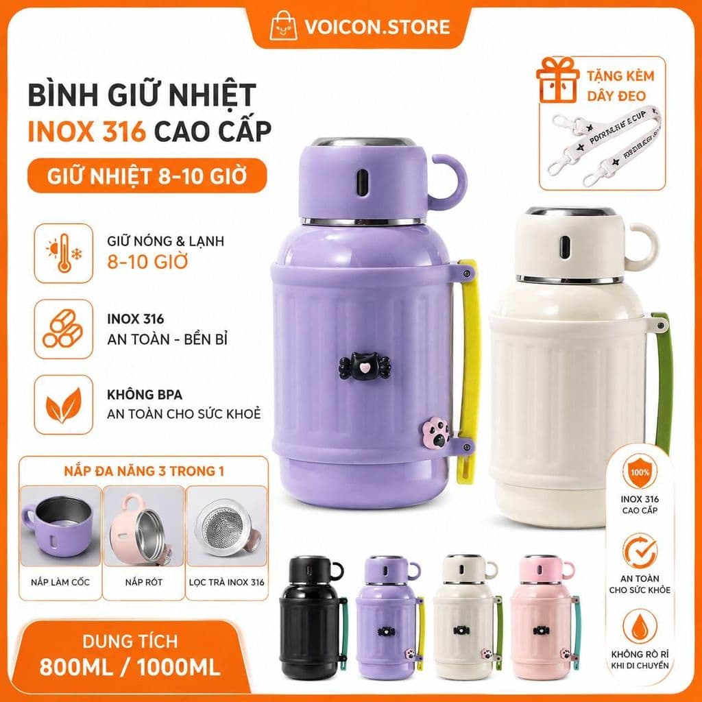 Bình Giữ Nhiệt Nóng Lạnh Inox 316 Dung Tích 800-1000ML Kèm Cốc Có Quai Xách Tiện Lợi Giữ Nhiệt 8-10 Giờ VOICON-[LA88]