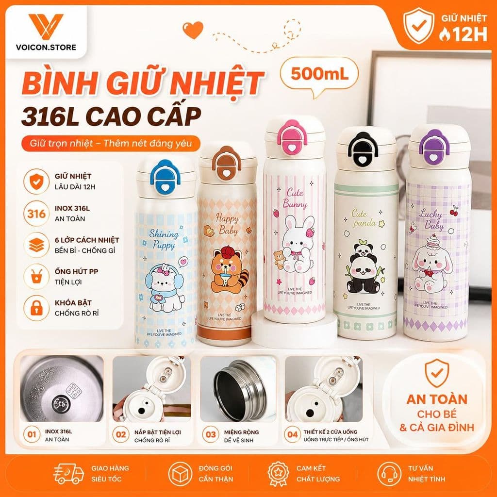 Bình Giữ Nhiệt 316L Cao Cấp 500ml Inox 316 An Toàn Chống Gỉ Sét 3 Cách Uống Tiện Lợi Có Dây Rơm VOICON-[CU22]