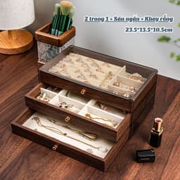 Hộp Đựng Trang Sức Gỗ Lót Nhung Cao Cấp, Khay Đựng Nhẫn, Dây Chuyền, Bông Tai 3 Tầng Ngăn Kéo 7