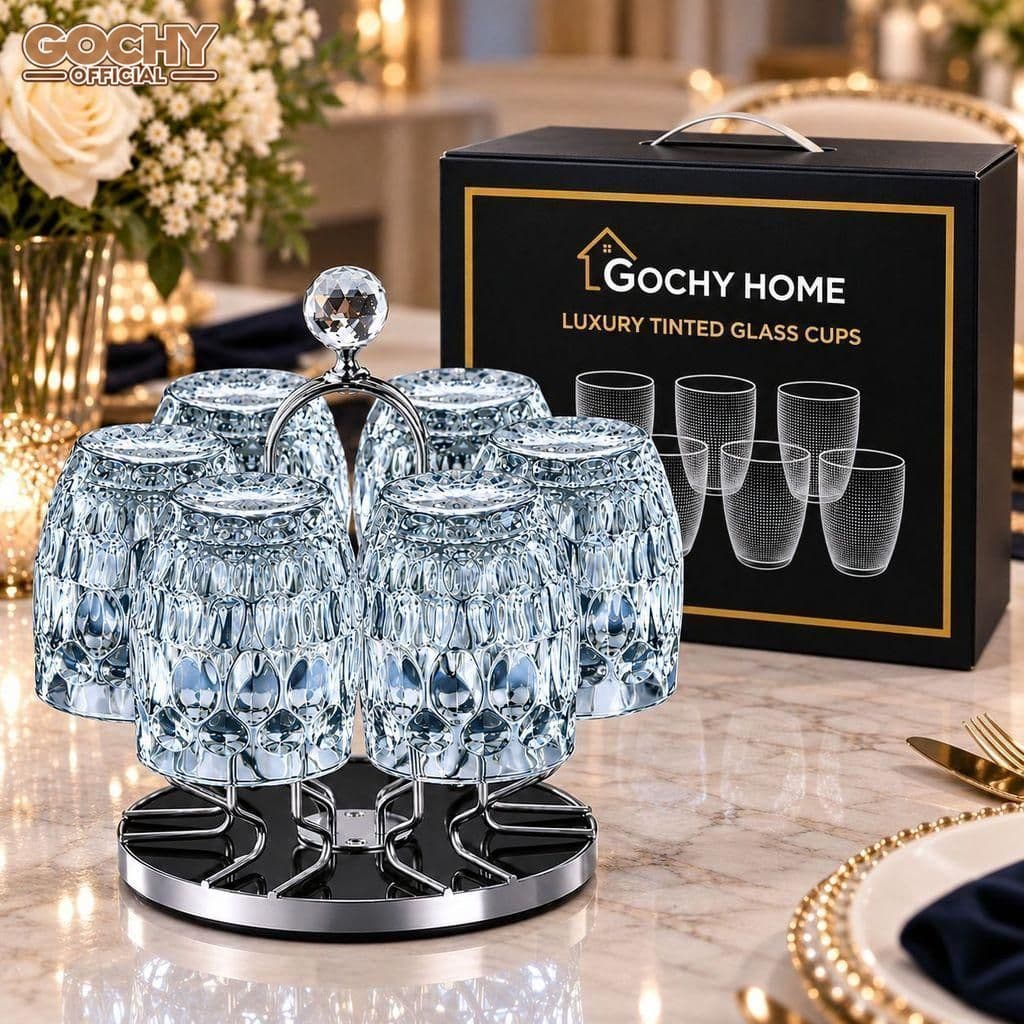 Bộ 6 Ly Thủy Tinh GOCHY HOME 300ml Vân Ong Dập Nổi 3D, Cốc Uống Nước Soda-Lime Không Chì, Dày Dặn Sang Trọng- Mix Xanh