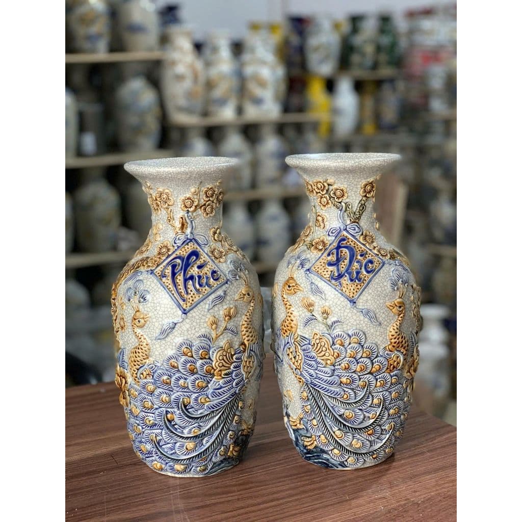 Lộc Bình công đào Phúc Đức 50cm Men Rạn RỒNG VIỆT- Họa Tiết Sen Bát Tràng Chất Lượng Cao.