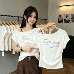 Áo thun kiểu lệch vai ngắn tay phối dây vai in chữ thời trang nữ phong cách năng động TNV01 1