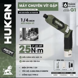 Máy chuyên vít gập pin HUKAN G1-TD2572D, Lực Siết 25N.m, 2 Tốc độ, Góc gập linh hoạt 75°, Đầu vít 1/4 inch 9