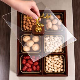 Khay Đựng Bánh Kẹo Mứt Tết 2027 Cao Cấp Chia 4 Ngăn 6 Ngăn Tiện Lợi, Hộp Gỗ Melamine Vân Óc Chó, Nắp Acrylic Chống Bụi 7