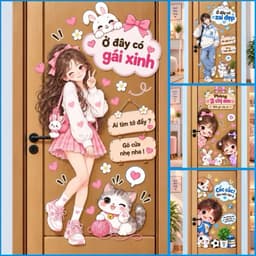 [Hỏa Tốc] Decal Dán Cửa Phòng Hoạt Hình "Ở Đây Có Gái Xinh" Chống Thấm Nước, Bền Đẹp 1