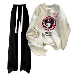 Sét bộ thu đông Quần dài  ống rộng dây bản to màu đen +  áo SWEATER dài tay cổ tròn màu xám tiêu-cờ mỹ 3