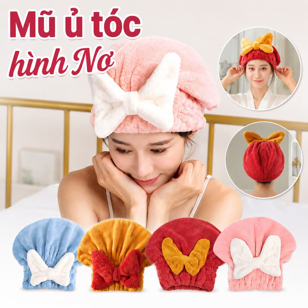 Khăn quấn đầu vải nhung san hô thấm nước – Hình nơ dễ thương, nhanh khô sau khi gội, có chun co giãn