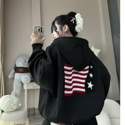 Áo Khoác Nữ Logo May Thêu Cờ Form Rộng Dài Áo Khoác Nỉ Nữ Chất Vải Nỉ Dày Đẹp Logo Thêu Sắc Nét 4