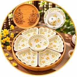 Bộ Bát Đĩa Hoa Mặt Trời 7 Món Gốm Sứ Cao Cấp, Nhiều Mẫu Nấm Nâu – Viền Đen – Mai Vàng – Hoa Sen, Bộ Đĩa Bày Mâm Cơm 45CM 9