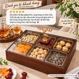 Khay Đựng Bánh Kẹo Mứt Tết 2027 Cao Cấp 6 Ngăn, Hộp Gỗ Màu Óc Chó Nắp Trong Suốt Núm Hươu Vàng Sang Trọng 9