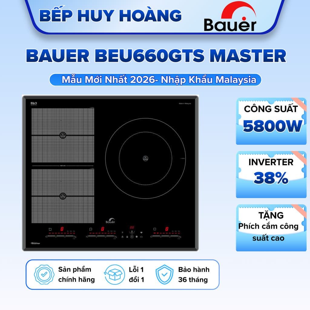 Bếp từ 3 lò Bauer BEU660GTS MASTER | Nhập khẩu nguyên chiếc Malaysia | Bảo hành chính hãng 3 năm | Bếp từ inverter