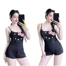 [ MỞ BÁN GIẢM 60% ] Bộ pyjama nữ 2 dây tôn dáng: Quần legging ĐÙI + Áo 2 dây ĐỆM mút -  hình mèo ĐƠN GIẢN 3