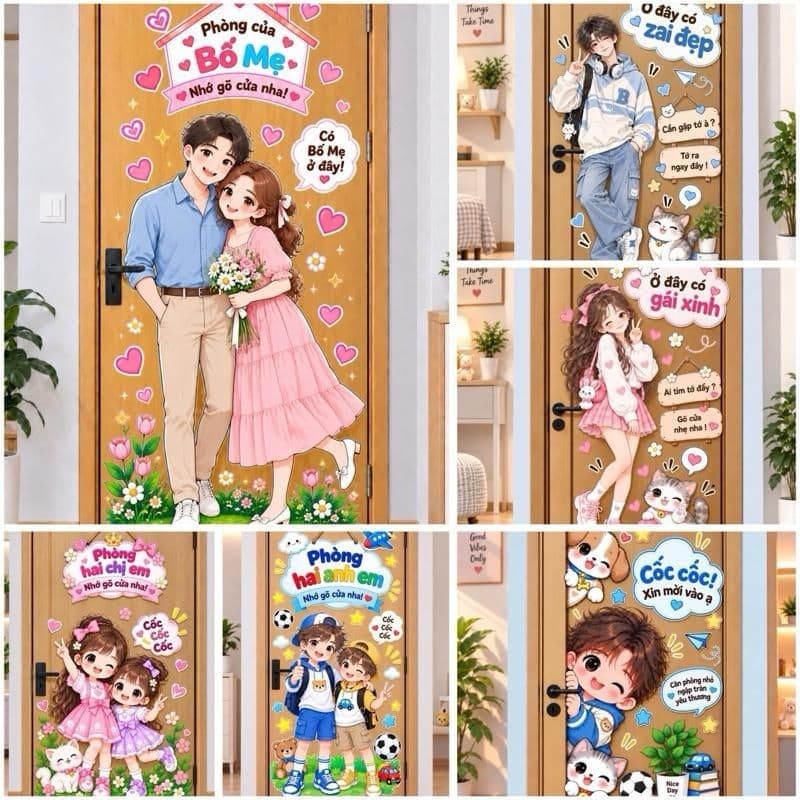 Decal dán cửa phòng gia đình nhiều hoạ tiết dễ thương (nền trắng )cho không gian sống ấm cúng và sinh động