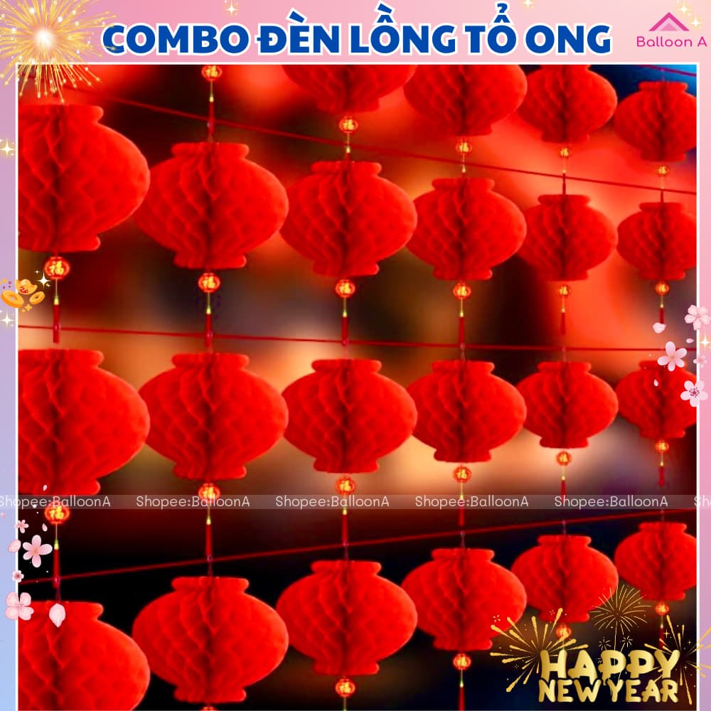 Combo 30/50/100 Đèn lồng đỏ tổ ong mini nilong treo trang trí lễ Tết, Tết nguyên đán, rằm Trung thu