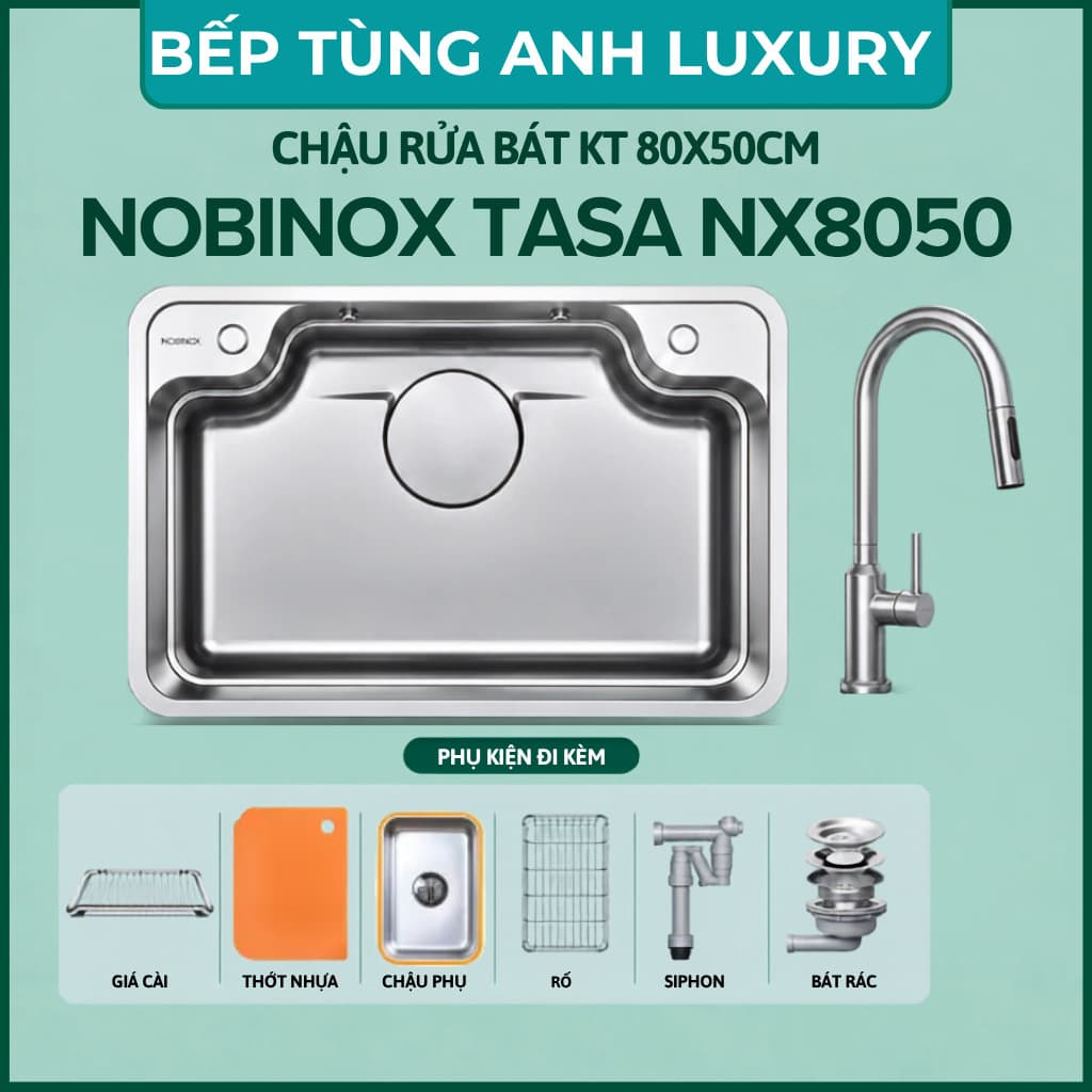 CHẬU RỬA BÁT 1 HỐ NOBINOX TASA NX8050 | Kích thước 80x50cm | Bản nâng cấp B180