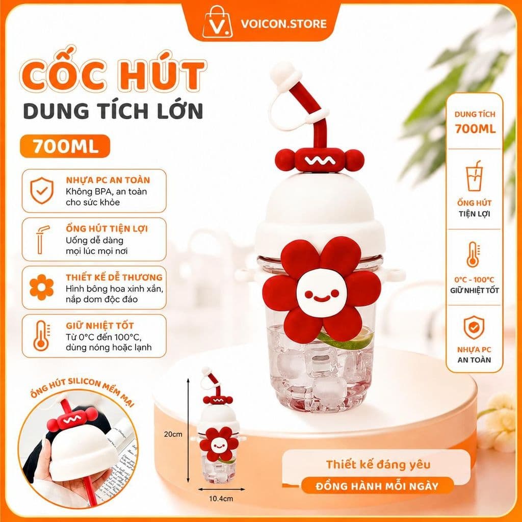 Bình Nước Hoa Cười 700ml Hoa Nổi 3D Dây Đeo Tiện Dụng Màu Pastel Đỏ & Xanh Phù Hợp Học Sinh Văn Phòng SHOP VOICON BIN66