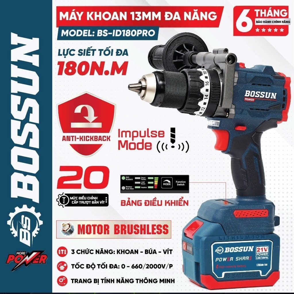 Máy Khoan Pin 3 Chức Năng BS BOSSUN BS-ID180PRO, Có Chống Lật Cổ Tay - Lực Siết 180NN, Đầu kẹp 13MM