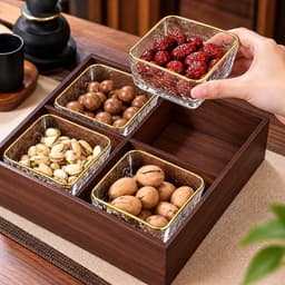 Hộp Đựng Bánh Kẹo Mứt Tết 2027 Sang Trọng, Khay Gỗ Melamine 4 Ngăn 6 Ngăn Màu Óc Chó Kèm Hũ Viền Vàng, Nắp Mica Trong 6