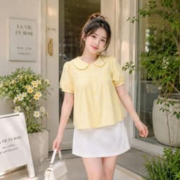 Áo sơ mi kiểu nữ dáng babydoll cổ bèo tay bồng xinh xắn màu vàng kẻ sọc BKS911 - - Sam botique 6