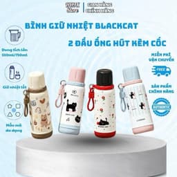 Bình giữ nhiệt Black Cat inox 316 cao cấp 550ml 2 ống hút, quai xách tiện lợi, thiết kế thời trang Hàn Quốc VOICON-LA88 3