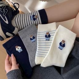Sét 10 đôi Tất Cổ Cao Thêu Gấu Kẻ Sọc Phong Cách Hàn Quốc Vớ Cotton Dày Dặn, Thoáng Khí, Unisex. 5