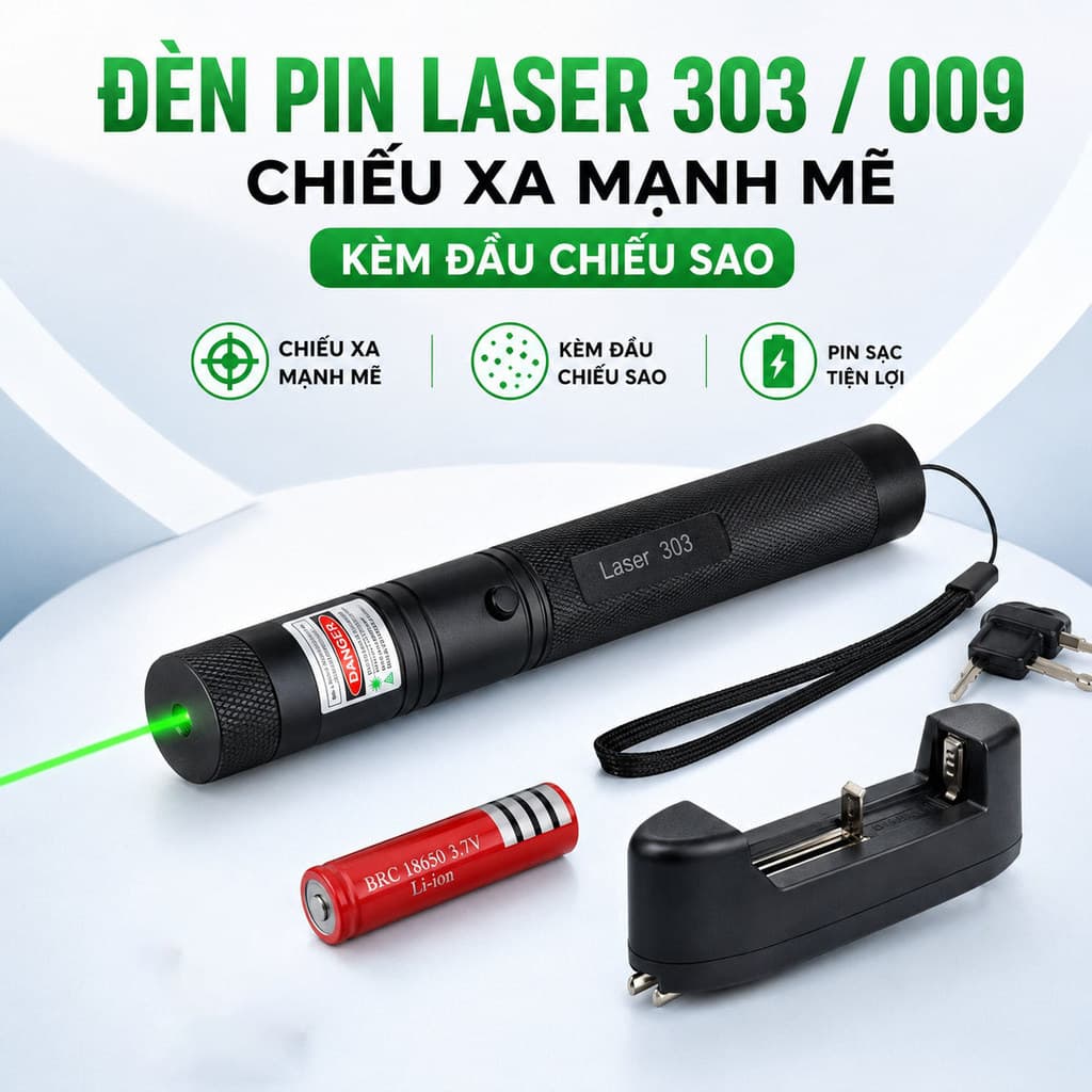 Đèn Laser 303/009 Kèm Pin 18650, Sạc Và Đầu Chiếu Hiệu Ứng, Tùy Chọn 2 Màu