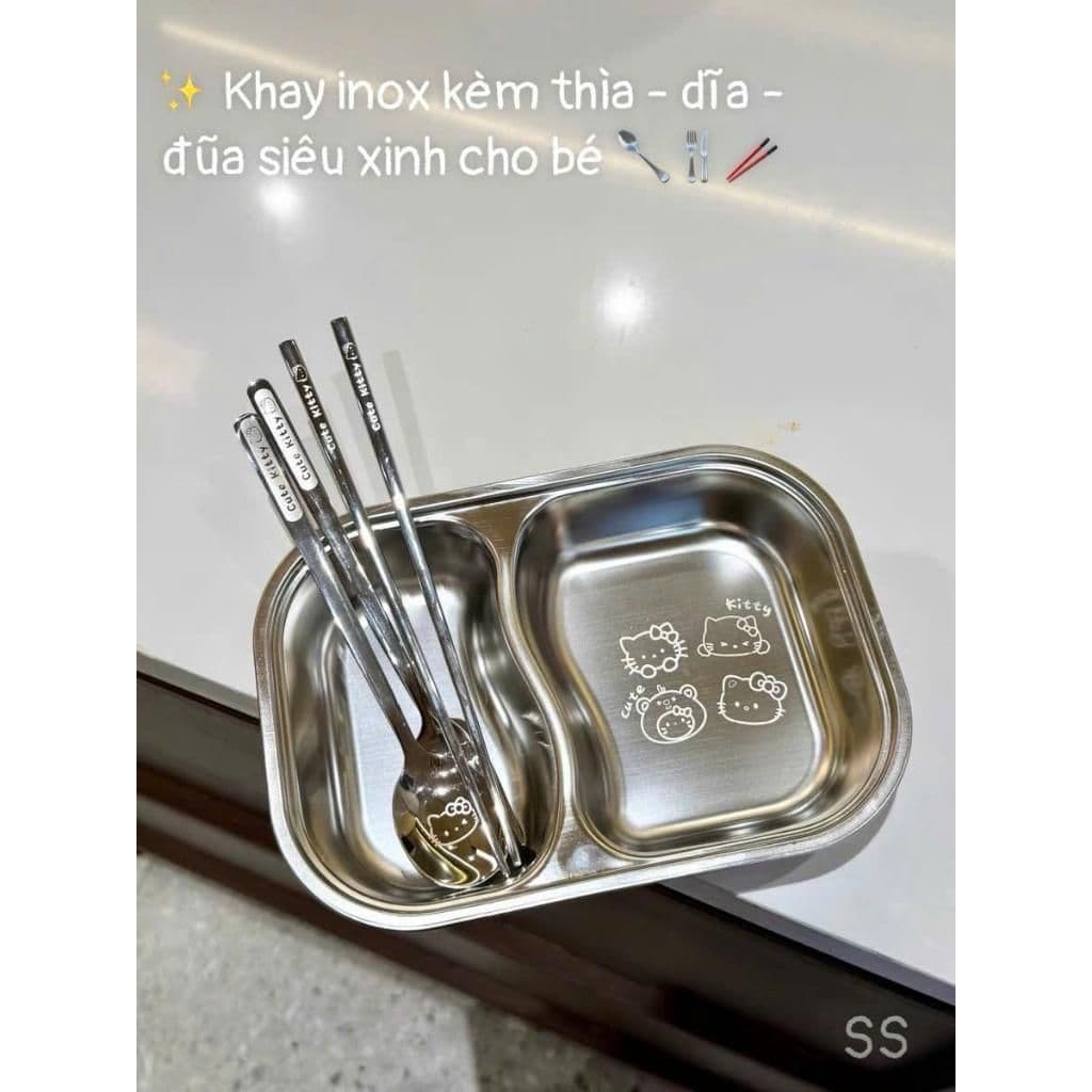 Khay Ăn 3 Ngăn Hello Kitty Inox 316 Cho Bé, Bộ Khay Ăn Kèm Thìa Đũa Dĩa Tiện Lợi VOICON-[SS67]