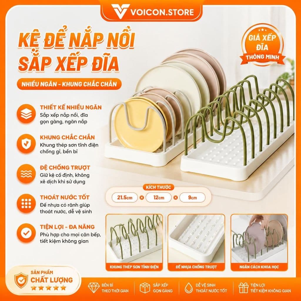 Kệ Để Nắp Nối,Sắp Xếp Đĩa Nhiều Ngăn,Khung Chắc Chăn GIúp Đỡ Ổn Định Giúp Sắp Xếp Nhà Bếp Gọn Gàng Hơn -  VOICON-[NHI99]