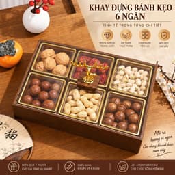 Hộp Đựng Bánh Kẹo Mứt Tết 2027 Sang Trọng, Khay Gỗ Melamine Màu Óc Chó 4 Ngăn 6 Ngăn, Có Hũ Nhựa Kèm Nắp Mica Trong Suốt 5