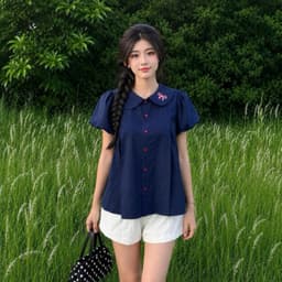 Áo sơ mi bèo quốc dân cổ sen tay bồng dáng babydoll in nơ hồng xinh đẹp SMZ93366 4