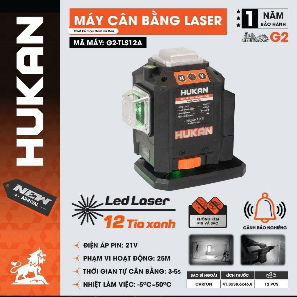1 Máy cân bằng laser HUKAN G2-TLS12A, Led Laser 12 Tia xanh siêu sáng, Phạm vi hoạt động 25M, Chân pin phổ thông