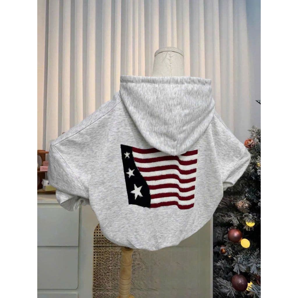 Áo khoác hoodie nữ nỉ form rộng, khoá kéo in lưng thời trang - mã M033  mới nhất. -hình lá cờ  trendy.