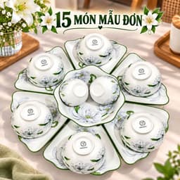 Bộ Bát Đĩa Hoa Mặt Trời 45cm Cao Cấp, Gốm Sứ Trắng Viền Xanh, Họa Tiết Hoa Mẫu Đơn Sang Trọng, Bộ Đồ Ăn Gia Đình 9