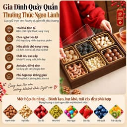 Hộp Đựng Bánh Kẹo Mứt Tết 2027 Sang Trọng, Khay Gỗ Melamine 4 Ngăn 6 Ngăn Màu Óc Chó Kèm Hũ Viền Vàng, Nắp Mica Trong 3