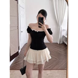 Áo Kiểu Nữ Trễ Vai Phối Ren Chất Rip Lụa Tay Ngắn Bồng Ôm Dáng 9
