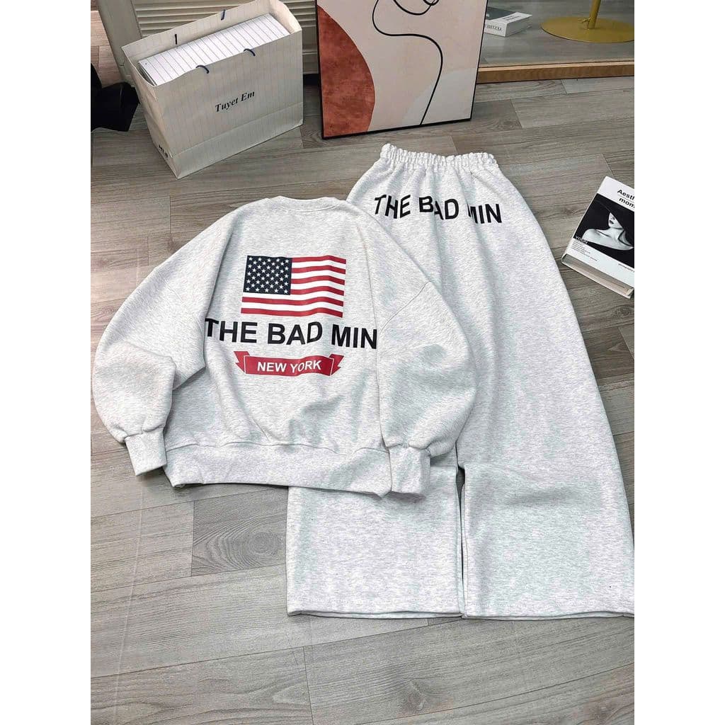 sét bộ thu đông dài tay quần dài rộng xám tiêu trơn da cá + mix áo SWEATER nỉ xám tiêu -BAD GIRLL -HIEN09