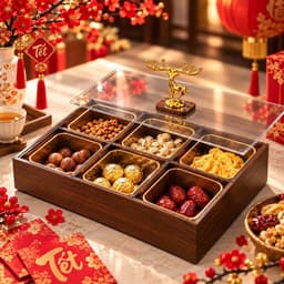 Khay Đựng Bánh Kẹo Mứt Tết 4 Ngăn 6 Ngăn Cao Cấp, Hộp Gỗ Màu Óc Chó Nắp Trong Suốt, Tượng Hươu Vàng Sang Trọng 4