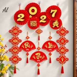 Set 4 Món Trang Trí Tết 2027 Treo Tường, Bộ Decor Tết Đỏ Vàng Chữ Phúc, Câu Đối Chúc Mừng Năm Mới 8