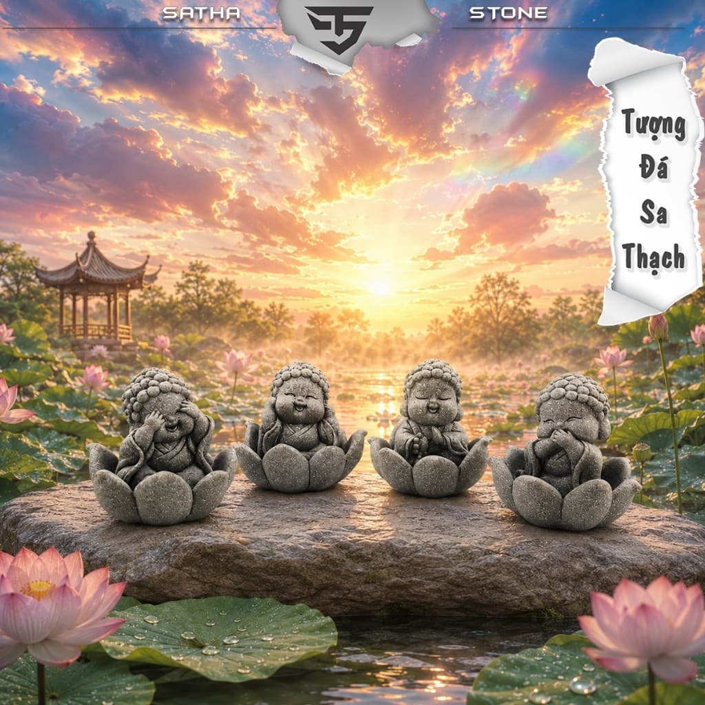 Bộ tượng tiểu phật tứ không tọa sen đá sa thạch ST.PVN2684 - Tượng deco, trang trí tiểu cảnh, bán cạn, terrarium