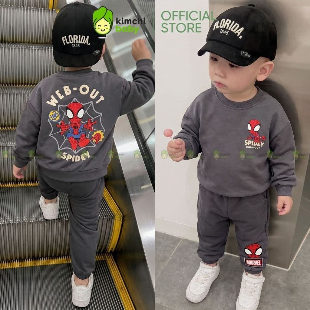 [10-29kg] Bộ Thu Đông Vải Nỉ 2 Da Cao Cấp Dày Mịn Ấm Cho Bé Trai  KIMCHIBABY Họa Tiết Siêu Anh Hùng Người Nhện BN601
