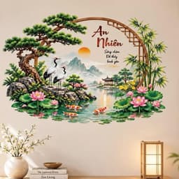 Decal dán tường (60 x 90cm). Tùng hạc an nhiên. Sen trúc bình an trang trí nhà cửa 1