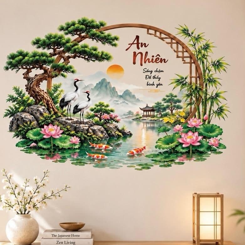 Decal dán tường (60 x 90cm). Tùng hạc an nhiên. Sen trúc bình an trang trí nhà cửa