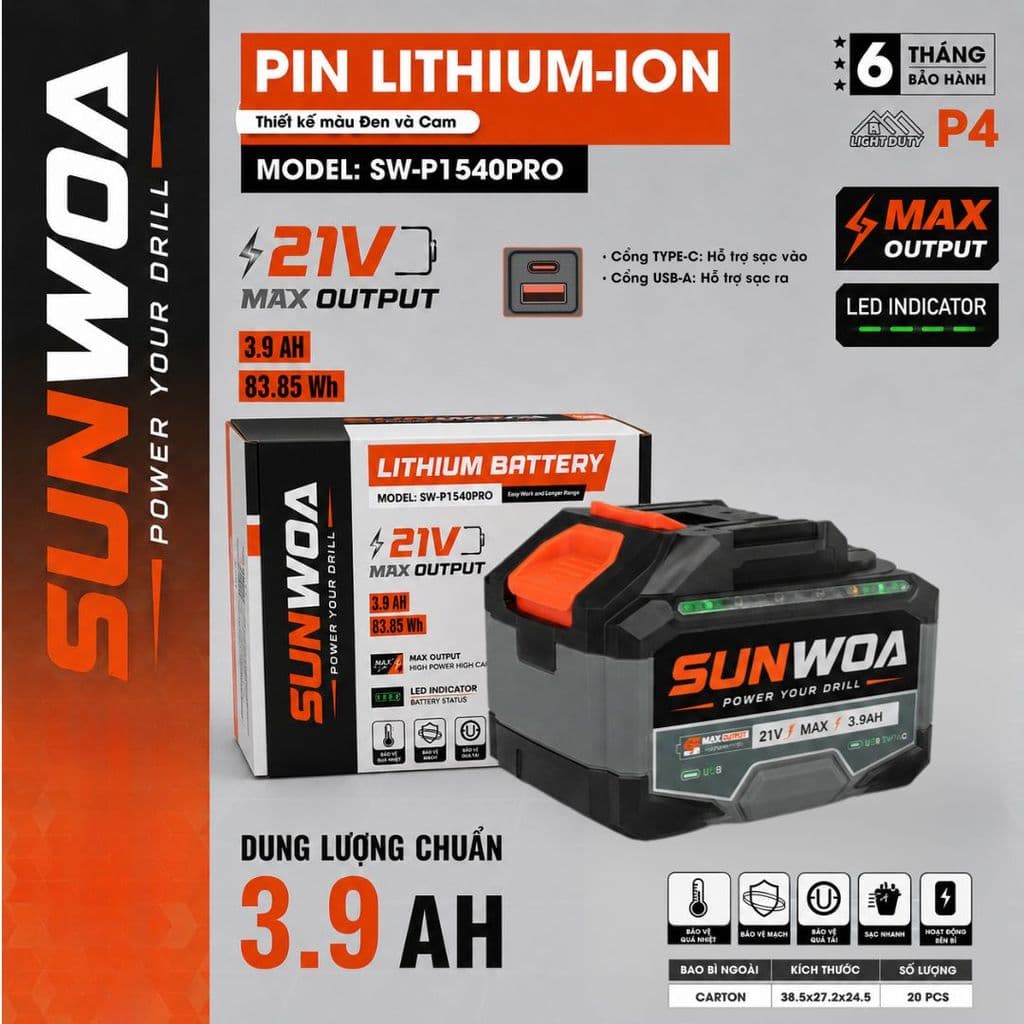 [CỔNG USB & TYPE C] Pin 15 Cell SUNWOA SW-P1540PRO, Dung Lượng Chuẩn 3.9Ah - 5C, Đèn Báo Sườn