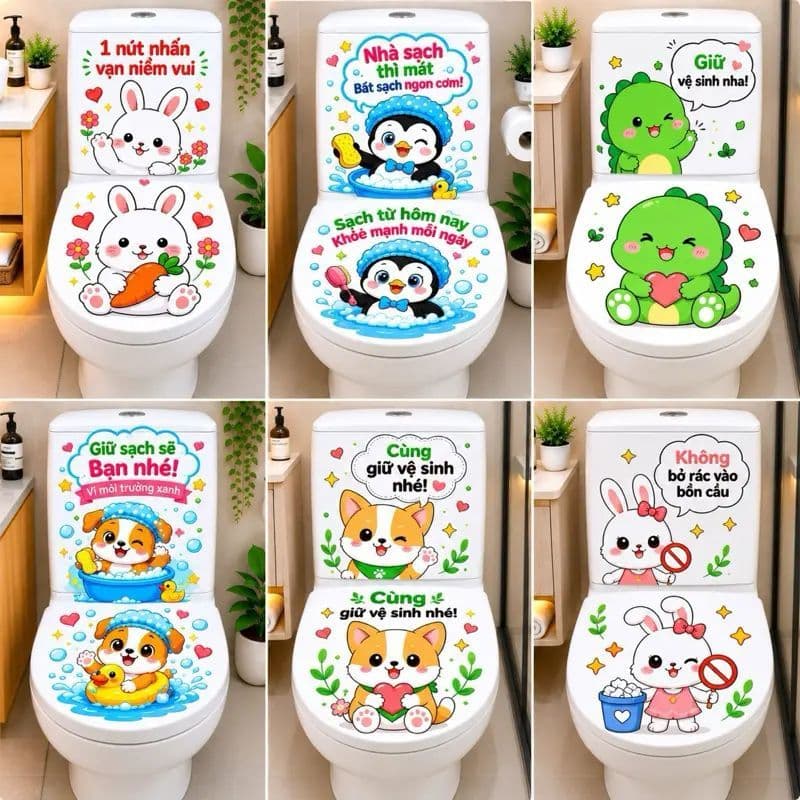 "Decal Dán Bồn Cầu Chống Thấm Nước Hình Thú Cưng Dễ Thương - Trang Trí Nhà Tắm Vui Nhộn"
