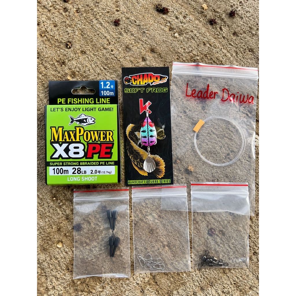 Combo Phụ Kiện Câu Lure Đầy Đủ – Dây PE, Mồi Lure Tùy Chọn, Leader, Khóa Snap, Chụp Chì, Khóa Số 8