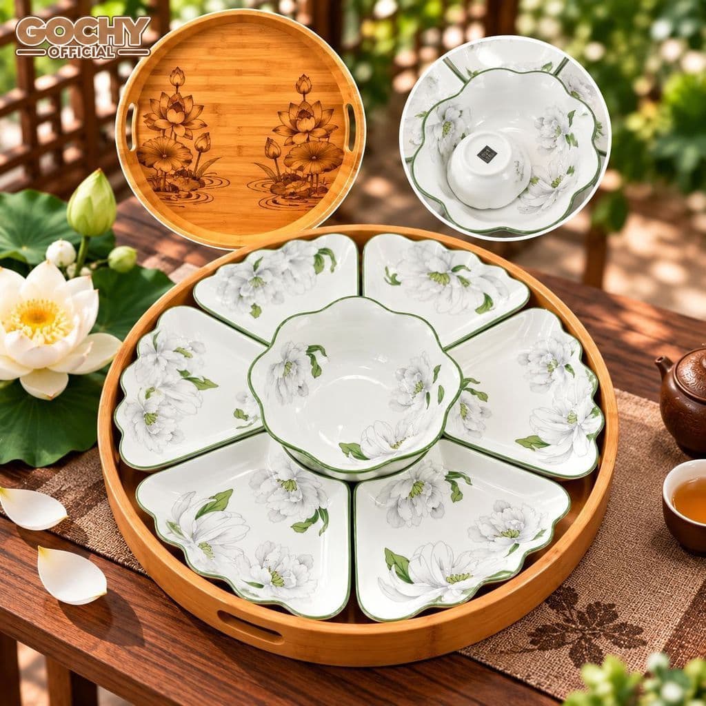 Bộ Bát Đĩa Hoa Mặt Trời 45cm Cao Cấp, Gốm Sứ Trắng Viền Xanh, Họa Tiết Hoa Mẫu Đơn Sang Trọng, Bộ Đồ Ăn Gia Đình