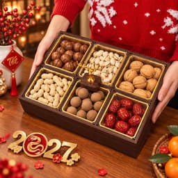 Khay Bánh Kẹo Mứt Tết 2027 Sang Trọng 4 Ngăn 6 Ngăn, Hộp Gỗ Melamine Màu Óc Chó Kèm Hũ Nhựa Viền Vàng Cao Cấp 3