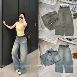 Quần Jean Nữ Suông Rộng Cạp Cao AN TÂY Vải  Xước Vintage Thêu Hoạ Tiết Túi Sau Có Nắp 100cm #8898-99 Xám Rêu/Xanh Nhạt 2