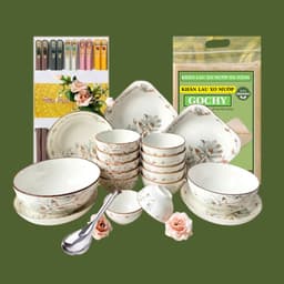 Set Bát Đĩa Gốm Sứ Họa Tiết Hoa Mộc Hương Tặng Kèm 2M Khăn xơ mướp và 5 đôi đĩa sợi thủy tinh 9