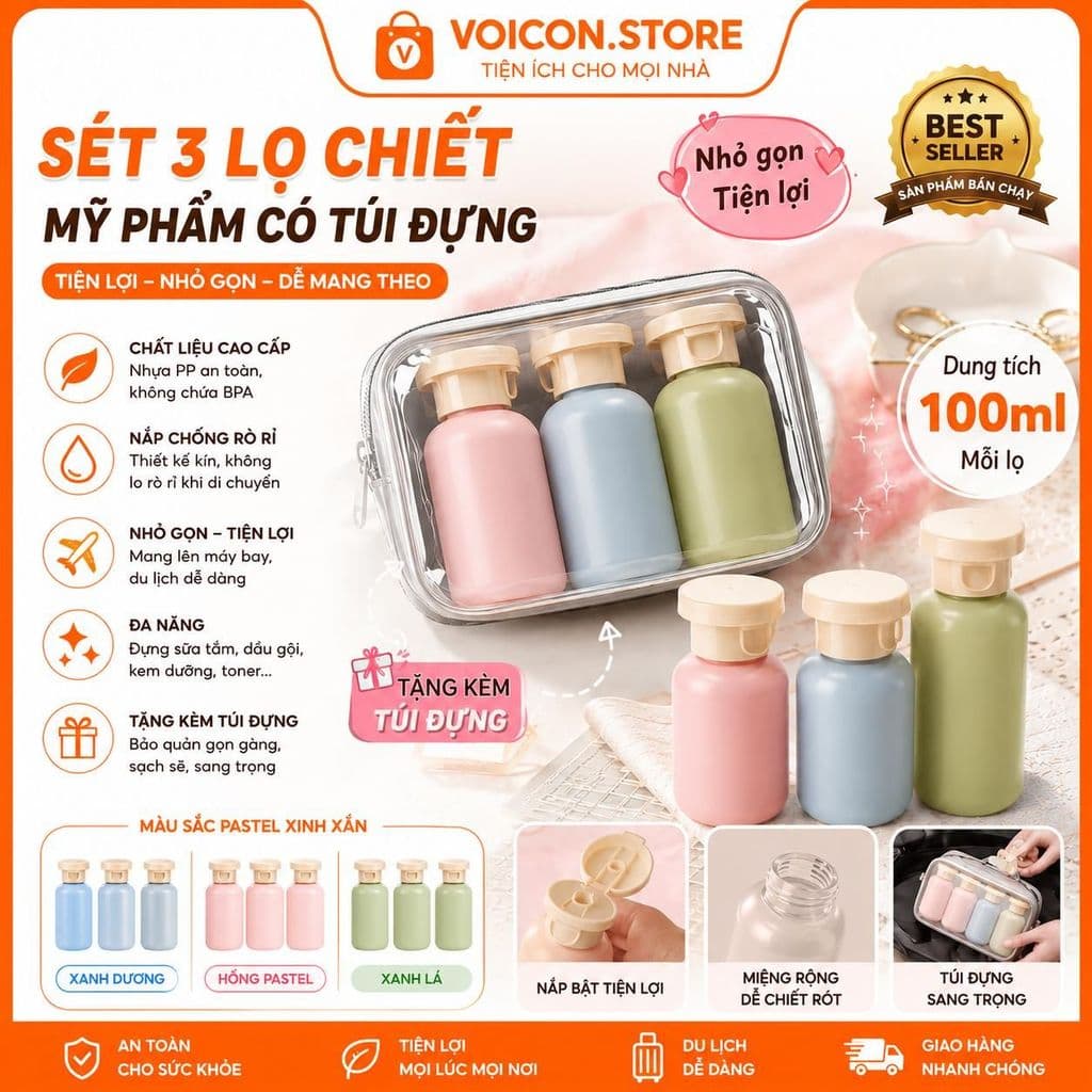 Sét 3 Lọ CHIẾT Mĩ Phẩm 100ml Tặng Túi Đựng Miệng Rộng Tiện Lợi Đi Du Lịch Công Tác Màu Pastel Xinh Xắn VOICON-[TTA11]